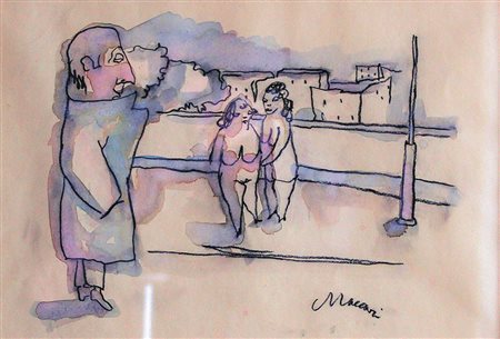 Maccari Mino acquerello su carta 20x30 Figure in strada autentica...