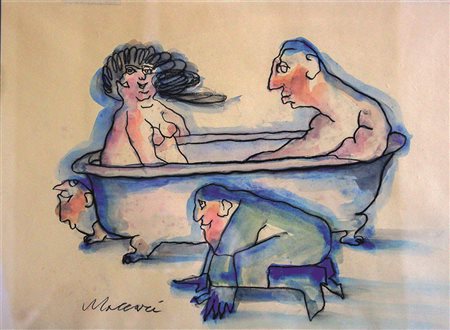 Maccari Mino acquerello su carta 42x31 Figure in vasca autentica dell'artista...
