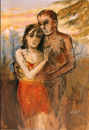 Sughi Alberto tempera su carta 35x50 Amanti autentica dell'artista su foto