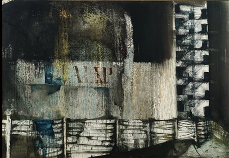 Vespignani Renzo tecnica mista su carta intelata 69x104 Periferia 1964