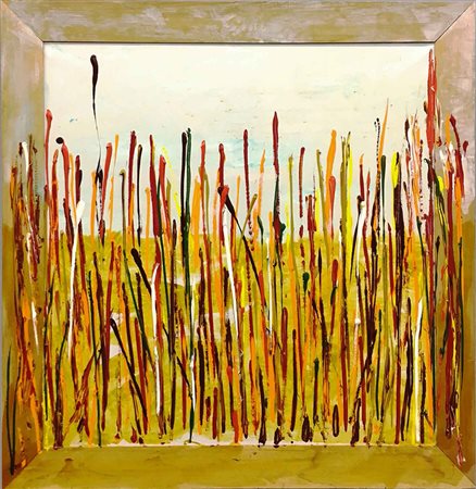 Schifano Mario smalti su tela 116,5x116,5 Campo di grano 1980 cornice invasa...