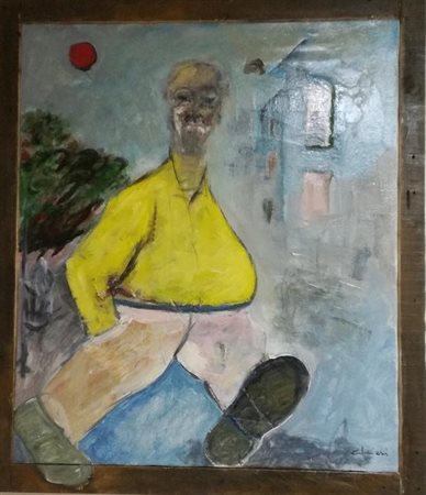 Chiesi Giorgio olio e collage su tela e cornice invasa 79x69 Passeggiata...