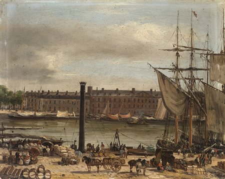 Giuseppe Canella (Verona 1788 - Firenze 1847)"Scena portuale" olio su cartone...