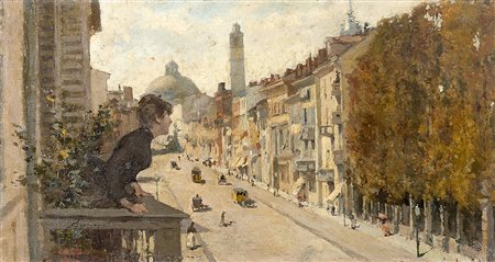 Amerino Cagnoni (Milano 1855 - 1923)"Vista sul corso con la chiesa di San...