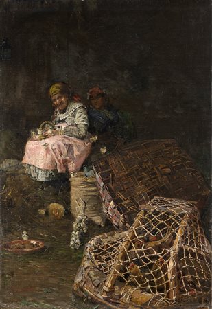 Vincenzo Caprile (Napoli 1856 - 1936)"La venditrice di polli"olio su tela (cm...