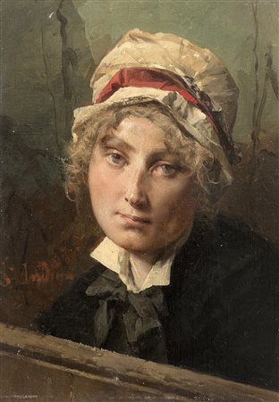 Domenico Induno (Milano 1815 - 1878)"La pensierosa"olio su tela (cm...