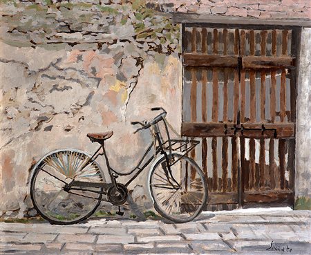 Carlo Socrate (Mezzanabigli (PV) 1889 - Roma 1967)"La bicicletta" olio su...