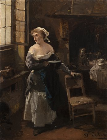 Domenico Induno (Milano 1815 - 1878)"In cucina"olio su tela (cm...