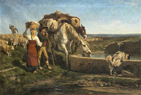 Giuseppe Palizzi (Lanciano 1812 - Passy (Francia) 1888)"Alla Fonte" 1854olio...