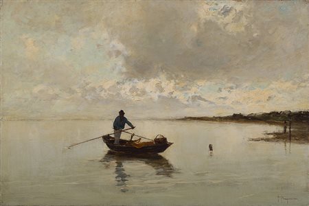 Pietro Fragiacomo (Trieste 1856 - Venezia 1922) "Barcaiolo in laguna" olio su...