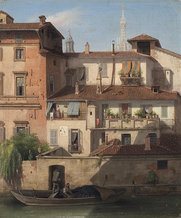 Carlo Canella (Verona 1800 - Milano 1879) "Naviglio nella Strada...
