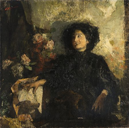 Antonio Mancini (Roma 1852 - 1930)"Ritratto di gentildonna"olio su tela (cm...