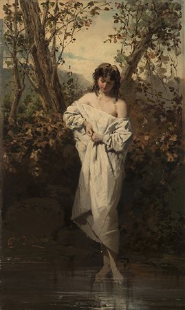 Domenico Induno (Milano 1815 - 1878) "La bagnante" olio su tela (cm 54.5x33)...
