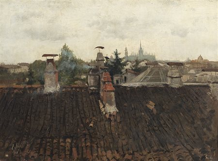 Emilio Gola (Milano 1851 - 1923)"Tetti di Milano (Veduta di Milano...