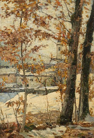 Carlo Fornara (Prestinone 1871 - 1968) "Neve a Prestinone" olio su tavola (cm...