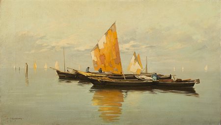 Pietro Fragiacomo (Trieste 1856 - Venezia 1922)"Pescatori in laguna"olio su...