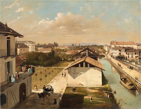 Angelo Inganni (Brescia 1807 - Gussago (BS) 1880) "Veduta del Naviglio di San...