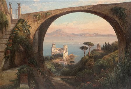 Ercole Gigante (Napoli 1815 - 1860) "Veduta del Golfo di Napoli" olio su tela...