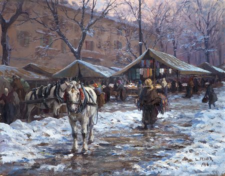 Leonardo Roda (Racconigi 1868 - Torino 1933)"Mercato d'inverno" olio su...