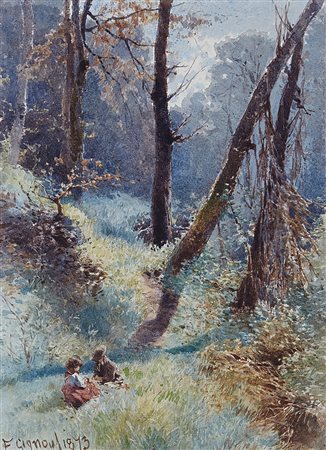 Eugenio Gignous (Milano 1850 - Stresa 1906)"Bambini nel bosco" 1873acquerello...