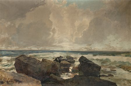 Ezelino Briante (Napoli 1901 - Roma 1971)"Marina con scogli" olio su tela (cm...