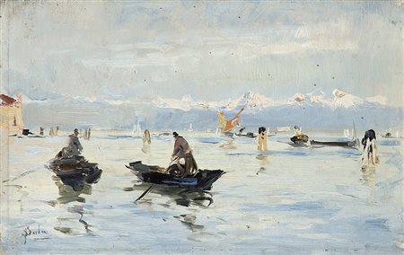 Paolo Sala (Milano 1859 - 1924)"Scorcio lagunare con barca e pescatori" olio...