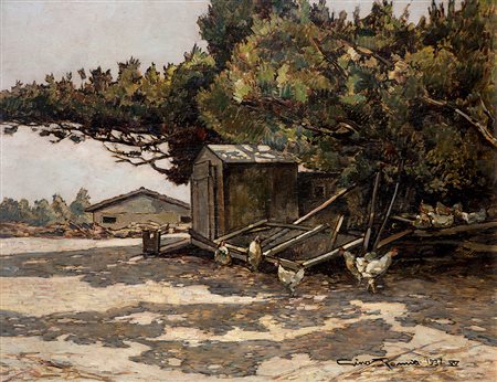 Gino Romiti (Livorno 1881 - 1967)"Il cortile" 1937 - anno XV E.F. olio su...