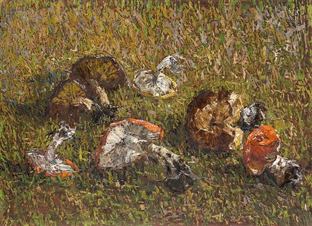 Guido Cinotti (Siena 1870 - Milano 1932)"Funghi sull'erba" olio su compensato...