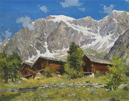 Giovanni Colmo (Torino 1867 - 1947)"Baite di montagna"olio su cartone (cm...