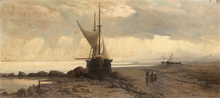 Ugo Manaresi (Ravenna 1851 - Livorno 1917)"Marina con barche" olio su tavola...