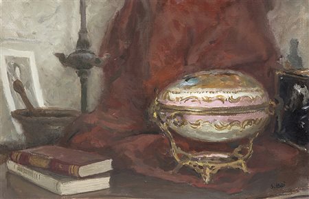 Savinio Labò (Milano 1899 - 1976)"Sullo scrittoio"olio su cartone telato (cm...