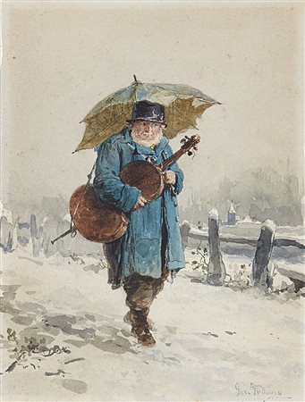 Gerolamo Induno (Milano 1825 - 1890)"Vecchio cantastorie"acquerello su carta...