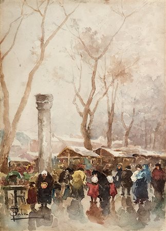Paolo Sala (Milano 1859 - 1924)"Il mercato"acquerello (cm 50.5x35)Firmato in...