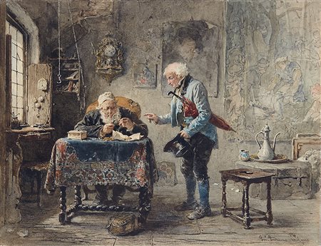 Gerolamo Induno (Milano 1825 - 1890)"L'Antiquario"acquerello su carta (cm 27x...