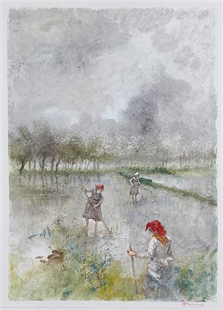 Pompeo Mariani (Monza 1857 - Bordighera 1927)"In risaia"monotipo (mm...