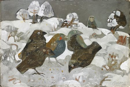 POSSENTI ANTONIO (n. 1933) Uccelli nella neve. Olio su tela . Cm 30,00 x...