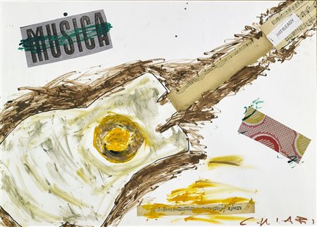 CHIARI GIUSEPPE (1926 - 2007) Chitarra. Tecnica mista e collage su cartone....