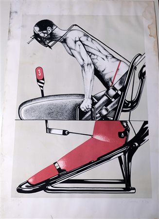 Sergio Sarri, Figura e attrezzo 1973 Litografia n.38/150, 57cm x 40cm....