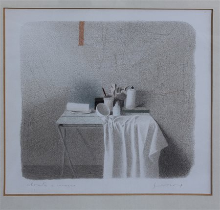 Gianfranco Ferroni, Tavolo nello studio Litografia colorata a mano, 23cm x...