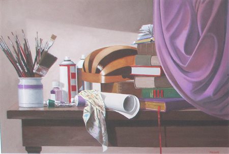 Walter Falconi, Al posto delle rose Olio su tavola, 58cm x 88cm. Autentica su...