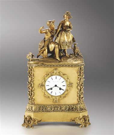 Anonimo, Pendola da tavolo in bronzo dorato XX sec Cassa sormontata da scena...