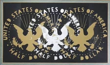 Franco Angeli, Half Dollar 1987 Smalto oro e argento spray, 70cm x 120cm....