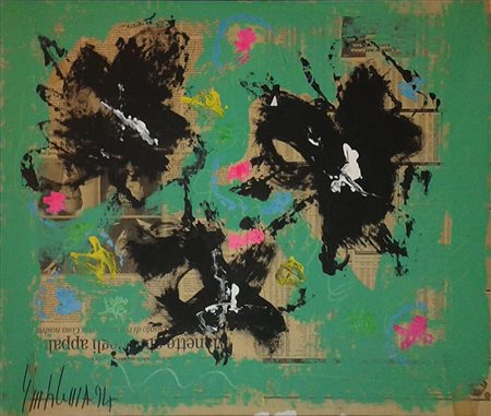 Salvatore Emblema, Senza titolo anni 90 Olio su tela e giornali, 55cm x 65cm....