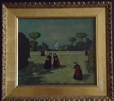 Nino CaffÃ¨, Sulla terrazza del Mincio 1973 Olio su tavola, 25cm x 29cm....