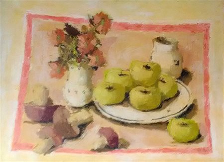 Franco Marzilli, Natura morta con frutti e fiori 1988 Olio su pergamena, 60cm...
