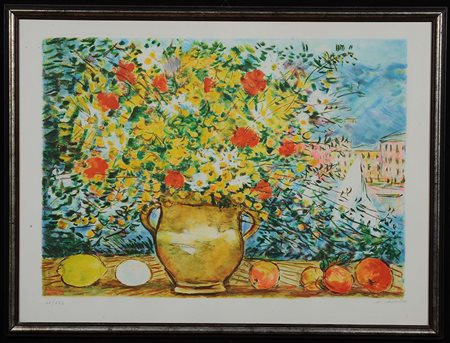 Michele Cascella, Vaso fiori e Portofino 1983 Litografia n.11/125, 50cm x...