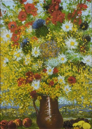 Michele Cascella MIMOSE E FRUTTA serigrafia a colori su tela, cm 70x50...