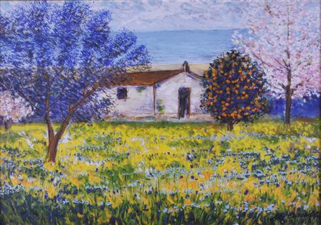 Michele Cascella GIARDINO DEL PODERE serigrafia a colori su tela, cm 50x70...