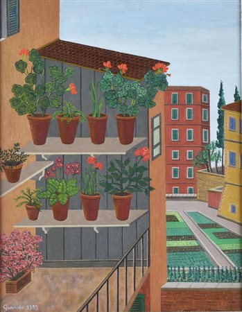 Grande IL TERRAZZINO olio su tavola, cm 45x35 sul fronte: firma e data sul...