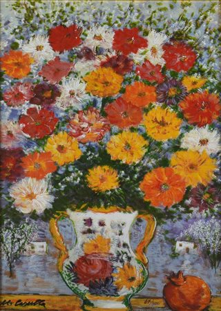 Michele Cascella FIORI E MELOGRANO serigrafia a colori su tela, cm 70x50...